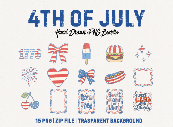 Authentic Patriotism: The 4th of July Hand-drawn PNG Bundle