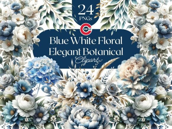 Elegant Botanical Blue White Floral PNGs: Your Design Toolkit