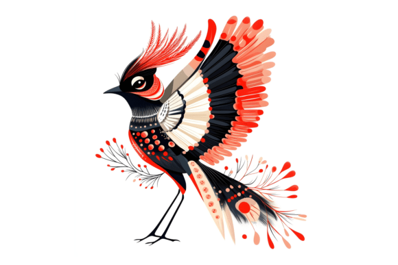 Folk Art Red Bird Wing Art Print PNG for Bold Design