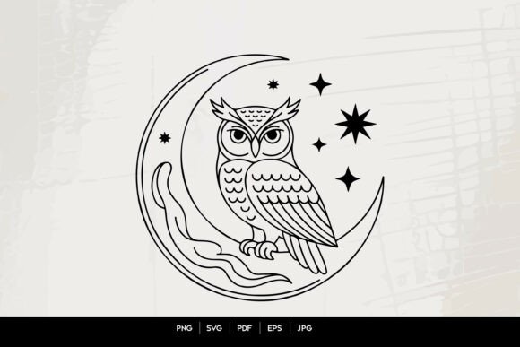 Mystical Owl Moon Celestial Line Art SVG