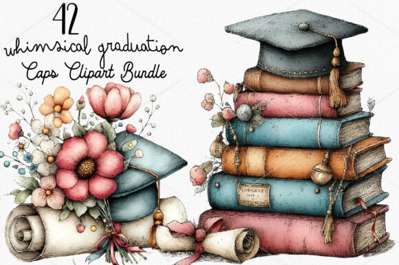 Whimsical Graduation Caps Clipart: Elegance in Watercolor